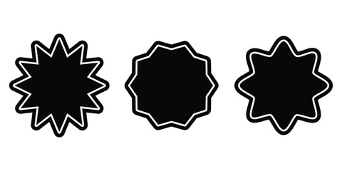Set of 3 Starburst Badge Vector Icons, Blank Black Emblem Shapes
