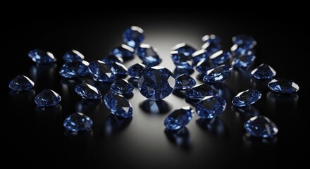 A scattering of deep blue diamonds on a dark surface showcasing facets and luxury