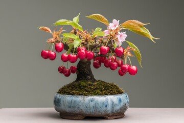 Stunning Cherry Bonsai Tree with Ripe Red Cherries and Delicate Pink Blossoms