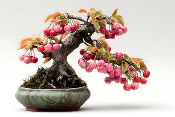 Stunning Cherry Bonsai Tree with Pink Cherries in a Green Pot