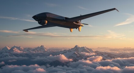Aerial surveillance: Unmanned aircraft soars above clouds near snowy mountains at dusk