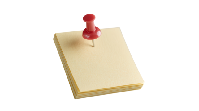 Blank Yellow Sticky Note with Red Push Pin on Transparent Background