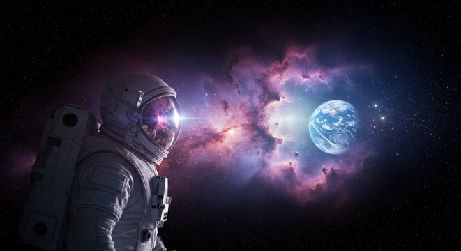 Astronaut views glowing earth within vibrant cosmic nebula in deep space exploration scenario
