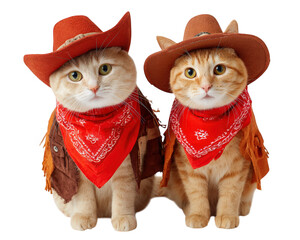 Two adorable cats wearing cowboy hats, red bandanas, and brown vests sit side by side, creating playful and charming western theme with sense of friendship and fun