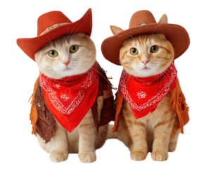 Two adorable cats wearing cowboy hats, red bandanas, and brown vests sit side by side, creating playful and charming western theme with sense of friendship and fun