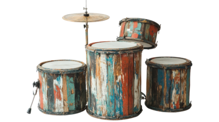 DIY handmade drum set with recycled materials, eco-friendly concept Transparent background, PNG