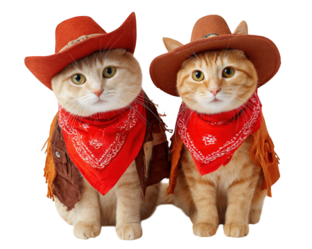 Two adorable cats wearing cowboy hats, red bandanas, and brown vests sit side by side, creating playful and charming western theme with sense of friendship and fun
