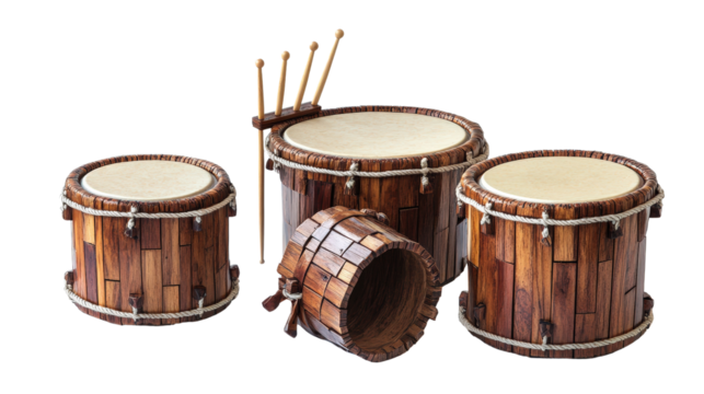 DIY handmade drum set with recycled materials, eco-friendly concept Transparent background, PNG