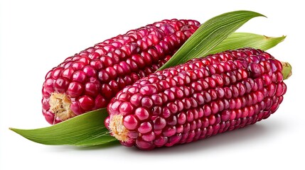 Two vibrant purple corn cobs, glistening with moisture, rest on lush green leaves against a stark white background, showcasing their rich color and natural beauty.