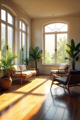 Sunlit Interior Warm Shadows Dance in Bright, Airy Room, Ideal for Home Office or Lifestyle Photography