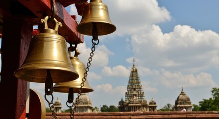 close up view of hanging brass bells outside an ancient indian temple on a cloudy day
