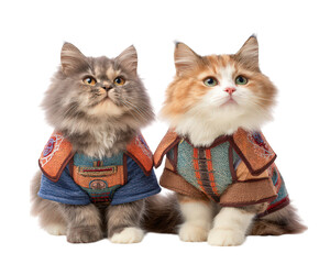 Two fluffy cats wearing detailed ninja and samurai costumes, sitting side by side, looking up with curious and playful expressions, isolated on transparency background