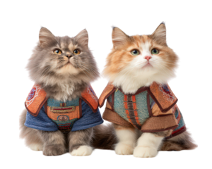 Two fluffy cats wearing detailed ninja and samurai costumes, sitting side by side, looking up with curious and playful expressions, isolated on transparency background