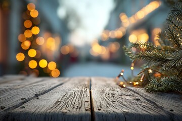 Rustic Wooden Table with Christmas Tree Branch and Festive Lights Blurred Background