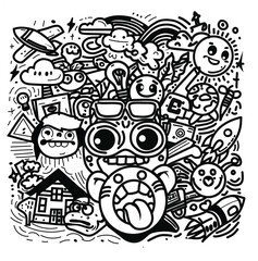 Hand-drawn vector illustration of a vintage floral pattern with leaves and a doodle sketch of a tree