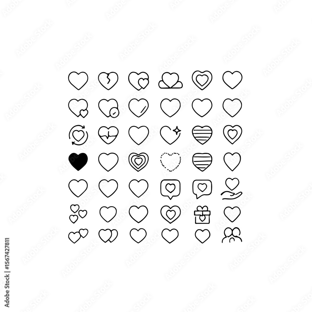 Poster collection of various heart icons in a grid pattern on white page