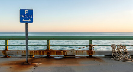 Parking Area Indication Over The Ocean With Tranquil Sunset Light Near Pier Rails