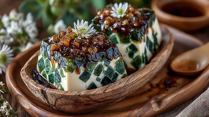Delicious Asian Tofu Dessert with Green Jelly and Sweet Sauce