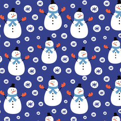 Seamless pattern of snowmen with carrot noses and scarves surrounded by snowflakes for winter holiday design.