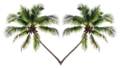 Double coconut trees crossing each other, symmetrical composition Transparent background, PNG