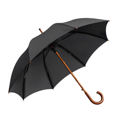 Black umbrella with a wooden handle, isolated on a transparent background