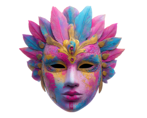 Colorful feather carnival mask with intricate gold pattern, pink and blue face, vibrant festival accessory, fantasy style, isolated on transparency background