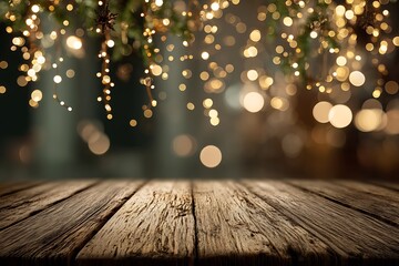 Rustic Wooden Table with Festive Golden Bokeh Lights and Ornaments