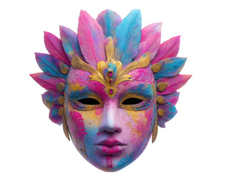 Colorful feather carnival mask with intricate gold pattern, pink and blue face, vibrant festival accessory, fantasy style, isolated on transparency background