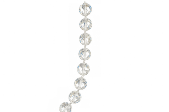 Elegant string of clear crystal beads hanging against a transparent background, perfect for jewelry or decorative projects