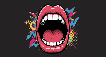 Vibrant graphic illustration of an open mouth with a bold, retro aesthetic