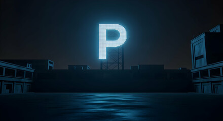Parking Guidance Glowing Letter P Illuminating a Metropolis Late Nightscape
