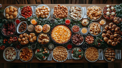 Fototapeta premium Abundant food table overhead view delicious meal feast buffet