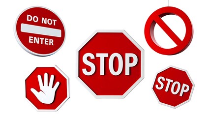 Various red stop and prohibition signs isolated on white background