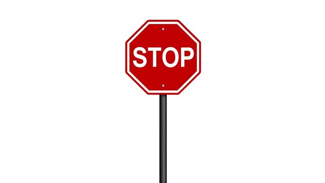A red octagonal stop sign with white lettering is isolated on white background