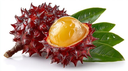 Close-up of a Luxurious Yellow Fruit Inside a Spiky Red Shell with Lush Green Leaves