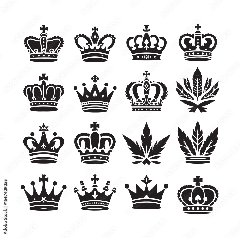 Poster array of stylized black and white crowns some with cross tops and some with leaf features arranged i