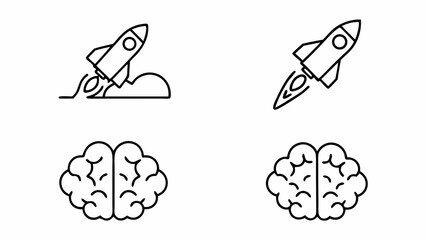 Two rocket launch icons and two brain icons isolated on white background