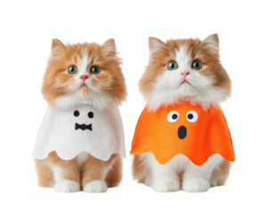 Two fluffy cats wearing ghost and bat costumes, one in white and one in orange, sit side by side with curious expressions, isolated on transparency background