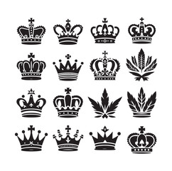 Array of stylized black and white crowns some with cross tops and some with leaf features arranged in rows