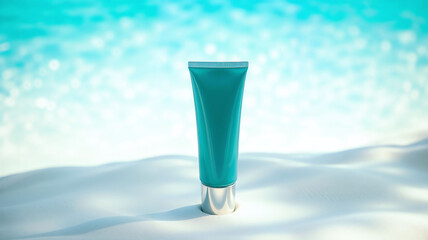 Blank white sunscreen bottle of tube, with no writing or logo, sat in the sand on a sunny tropical summer beach. Concept of sun and UV protection. Shallow field of view.
