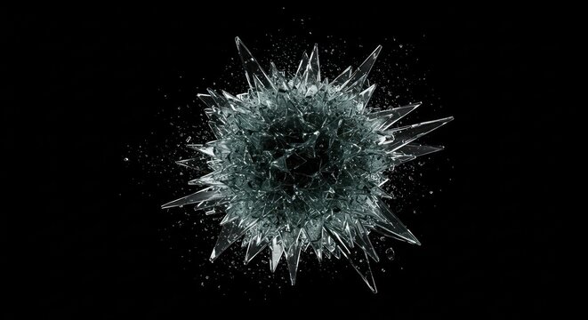 Dynamic glass fragmentation against a stark black void intricate chaos