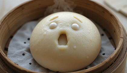 A Steamed Bun With A Surprised Face In A Bamboo Steamer Ready To Be Served As A Delicious Snack