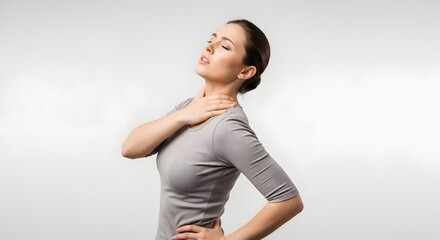 Obraz premium Woman in grey shirt experiencing neck pain, holding her neck and lower back