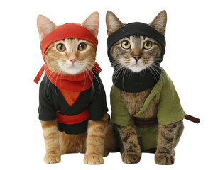 Two adorable cats dressed in ninja and samurai costumes, one in black and red, other in green, sitting side by side with focused expressions, playful and creative concept