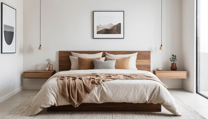 White and beige bedroom with wood headboard