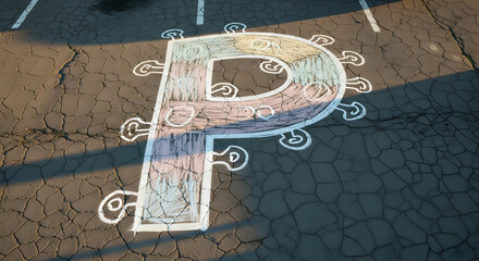 Parking P Painted Symbol Decorating Asphalt Surface In Outdoor Space