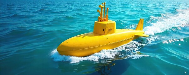Vibrant Yellow Submarine Floating on Serene Ocean Waters Sunlit Hull, Playful Bobbing, Striking Contrast, Summer Fun