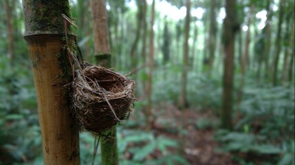 Small bird's nest on bamboo in jungle