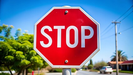 Obraz premium Closeup view of a stop sign on a residential street, with trees and a car visible in the background