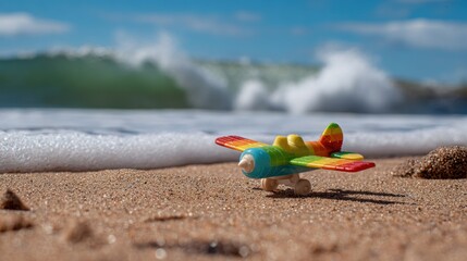Colorful toy plane on sandy beach by ocean waves